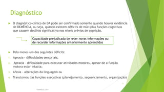 Diagnóstico
 O diagnóstico clínico de DA pode ser confirmado somente quando houver evidência
de DEMÊNCIA, ou seja, quando existem déficits de múltiplas funções cognitivas
que causem declínio significativo nos níveis prévios de cognição.
 Pelo menos um dos seguintes déficits:
1. Agnosia - dificuldades sensoriais;
2. Apraxia – dificuldade para executar atividades motoras, apesar de a função
motora estar intacta;
3. Afasia – alterações da linguagem ou
4. Transtornos das funções executivas (planejamento, sequenciamento, organização)
FASANELLA, 2011
11
Capacidade prejudicada de reter novas informações ou
de recordar informações anteriormente aprendidas
 