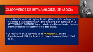 OLIGOMEROS DE BETA AMILOIDE, SE ASOCIA
• La activación de la microglia y la astroglia con el fin de fagocitar
y eliminar a los oligomeros BA . Esto conlleva a un aumento en la
ACTIVIDAD INFLAMATORIA local debido a la liberación de citosinas
proinflamatorias y reactantes de la fase aguda.
• La reducción en la actividad de la NEPRILISINA , enzima
degradadora del BA que lleva a un mayor acumulo intracerebral
de BA.
 