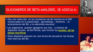 OLIGOMEROS DE BETA AMILOIDE, SE ASOCIA A:
• Hay una reducción en los receptores de de insulina en el SNC
involucrados en la plasticidad , aprendizaje , memoria , el
aclaramiento del BA y la sobrevida neuronal.
• Los oligomeros pueden agregarse aun mas , a manera de
depósitos focales de BA fibrilar, que forman los nucleos de las
placas neuriticas
• Estos depósitos parecen ser una forma de secuestrar las formas
mas noscivas del BA.
 