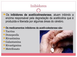 Inibidores
Os inibidores de acetilcolinesterase, atuam inibindo a
enzima responsável pela degradação da acetilcolina que é
produzida e liberada por algumas áreas do cérebro.
Os medicamentos inibidores da acetil-colesterase são:
Tacrina
Donepesila
Rivastimina
Galantamina
Rivastigmina
Metrifonato
 