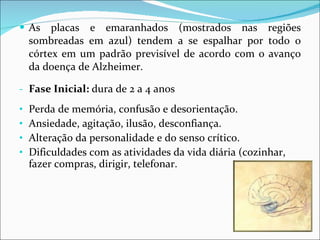 As placas e emaranhados (mostrados nas regiões sombreadas em azul) tendem a se espalhar por todo o córtex em um padrão previsível de acordo com o avanço da doença de Alzheimer. Fase Inicial:  dura de 2 a 4 anos Perda de memória, confusão e desorientação. Ansiedade, agitação, ilusão, desconfiança. Alteração da personalidade e do senso crítico. Dificuldades com as atividades da vida diária (cozinhar, fazer compras, dirigir, telefonar.  