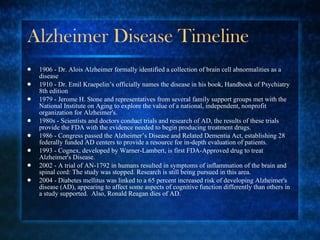 Alzheimer Disease Timeline 1906 - Dr. Alois Alzheimer formally identified a collection of brain cell abnormalities as a disease 1910 - Dr. Emil Kraepelin’s officially names the disease in his book, Handbook of Psychiatry 8th edition 1979 - Jerome H. Stone and representatives from several family support groups met with the National Institute on Aging to explore the value of a national, independent, nonprofit organization for Alzheimer's. 1980s - Scientists and doctors conduct trials and research of AD, the results of these trials provide the FDA with the evidence needed to begin producing treatment drugs. 1986 - Congress passed the Alzheimer’s Disease and Related Dementia Act, establishing 28 federally funded AD centers to provide a resource for in-depth evaluation of patients. 1993 - Cognex, developed by Warner-Lambert, is first FDA-Approved drug to treat Alzheimer's Disease. 2002 - A trial of AN-1792 in humans resulted in symptoms of inflammation of the brain and spinal cord: The study was stopped. Research is still being pursued in this area.  2004 - Diabetes mellitus was linked to a 65 percent increased risk of developing Alzheimer's disease (AD), appearing to affect some aspects of cognitive function differently than others in a study supported.  Also, Ronald Reagan dies of AD. 