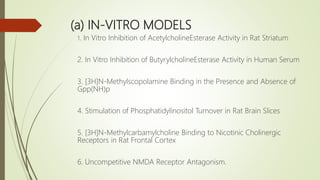 (a) IN-VITRO MODELS
1. In Vitro Inhibition of AcetylcholineEsterase Activity in Rat Striatum
2. In Vitro Inhibition of ButyrylcholineEsterase Activity in Human Serum
3. [3H]N-Methylscopolamine Binding in the Presence and Absence of
Gpp(NH)p
4. Stimulation of Phosphatidylinositol Turnover in Rat Brain Slices
5. [3H]N-Methylcarbamylcholine Binding to Nicotinic Cholinergic
Receptors in Rat Frontal Cortex
6. Uncompetitive NMDA Receptor Antagonism.
 