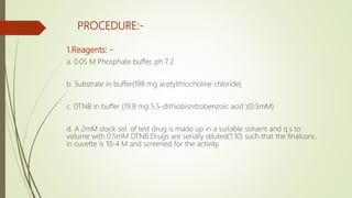 PROCEDURE:-
1.Reagents: -
a. 0.05 M Phosphate buffer, ph 7.2
b. Substrate in buffer(198 mg acetylthiocholine chloride)
c. DTNB in buffer (19.8 mg 5,5-dithiobisnitrobenzoic acid )(0.5mM)
d. A 2mM stock sol. of test drug is made up in a suitable solvent and q.s to
volume with 0.5mM DTNB.Drugs are serially diluted(1:10) such that the finalconc.
in cuvette is 10-4 M and screened for the activity.
 