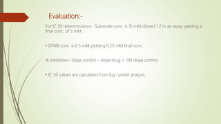 Evaluation:-
For IC 50 determinations : Substrate conc. is 10 mM diluted 1:2 in an assay yielding a
final conc. of 5 mM.
• DTNB conc. is 0.5 mM yielding 0.25 mM final conc.
% Inhibition= slope control – slope drug × 100 slope control
• IC 50 values are calculated from log- probit analysis.
 