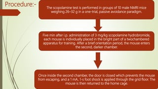 Procedure:- The scopolamine test is performed in groups of 10 male NMRI mice
weighing 26–32 g in a one-trial, passive avoidance paradigm.
Five min after i.p. administration of 3 mg/kg scopolamine hydrobromide,
each mouse is individually placed in the bright part of a twochambered
apparatus for training. After a brief orientation period, the mouse enters
the second, darker chamber.
Once inside the second chamber, the door is closed which prevents the mouse
from escaping, and a 1 mA, 1-s foot shock is applied through the grid floor. The
mouse is then returned to the home cage.
 