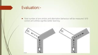 Evaluation:-
 Total number of arm entries and alternation behaviour will be measured. 9/10
correct arm entries signifies better learning.
 