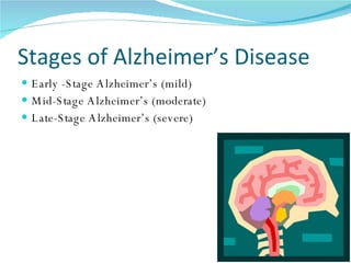 Stages of Alzheimer’s Disease Early -Stage Alzheimer’s (mild) Mid-Stage Alzheimer’s (moderate) Late-Stage Alzheimer’s (severe) 