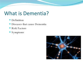 What is Dementia? Definition Diseases that cause Dementia Risk Factors Symptoms 