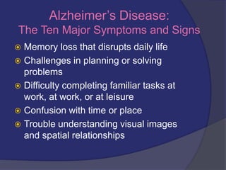 Alzheimer’s Disease:The Ten Major Symptoms and Signs Memory loss that disrupts daily life Challenges in planning or solving problems Difficulty completing familiar tasks at work, at work, or at leisure Confusion with time or place Trouble understanding visual images and spatial relationships 