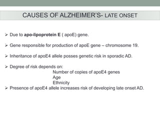 CAUSES OF ALZHEIMER’S- LATE ONSET 
 Due to apo-lipoprotein E ( apoE) gene. 
 Gene responsible for production of apoE gene – chromosome 19. 
 Inheritance of apoE4 allele posses genetic risk in sporadic AD. 
 Degree of risk depends on: 
Number of copies of apoE4 genes 
Age 
Ethnicity 
 Presence of apoE4 allele increases risk of developing late onset AD. 
 