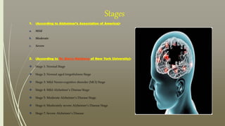 Stages
1. (According to Alzheimer’s Association of America):
a. Mild
b. Moderate
c. Severe
2. (According to Dr. Barry Reisberg of New York University):
 Stage 1: Normal Stage
 Stage 2: Normal aged forgetfulness Stage
 Stage 3: Mild Neuro-cognitive disorder (MCI) Stage
 Stage 4: Mild Alzheimer’s Disease Stage
 Stage 5: Moderate Alzheimer’s Disease Stage
 Stage 6: Moderately severe Alzheimer’s Disease Stage
 Stage 7: Severe Alzheimer’s Disease
 