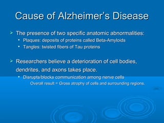 Cause of Alzheimer’s Disease
   The presence of two specific anatomic abnormalities:
    
        Plaques: deposits of proteins called Beta-Amyloids
    
        Tangles: twisted fibers of Tau proteins


   Researchers believe a deterioration of cell bodies,
    dendrites, and axons takes place.
    
        Disrupts/blocks communication among nerve cells
         • Overall result = Gross atrophy of cells and surrounding regions.
 