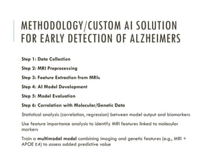 METHODOLOGY/CUSTOM AI SOLUTION
FOR EARLY DETECTION OF ALZHEIMERS
Step 1: Data Collection
Step 2: MRI Preprocessing
Step 3: Feature Extraction from MRIs
Step 4: AI Model Development
Step 5: Model Evaluation
Step 6: Correlation with Molecular/Genetic Data
Statistical analysis (correlation, regression) between model output and biomarkers
Use feature importance analysis to identify MRI features linked to molecular
markers
Train a multimodal model combining imaging and genetic features (e.g., MRI +
APOE 4) to assess added predictive value
ε
 