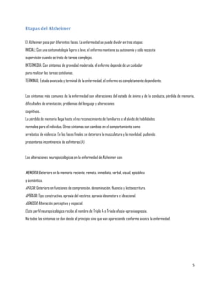 Etapas del Alzheimer

El Alzheimer pasa por diferentes fases. La enfermedad se puede dividir en tres etapas:
INICIAL: Con una sintomatología ligera o leve, el enfermo mantiene su autonomía y sólo necesita
supervisión cuando se trata de tareas complejas.
INTERMEDIA: Con síntomas de gravedad moderada, el enfermo depende de un cuidador
para realizar las tareas cotidianas.
TERMINAL: Estado avanzado y terminal de la enfermedad, el enfermo es completamente dependiente.


Los síntomas más comunes de la enfermedad son alteraciones del estado de ánimo y de la conducta, pérdida de memoria,
dificultades de orientación, problemas del lenguaje y alteraciones
cognitivas.
La pérdida de memoria llega hasta el no reconocimiento de familiares o el olvido de habilidades
normales para el individuo. Otros síntomas son cambios en el comportamiento como
arrebatos de violencia. En las fases finales se deteriora la musculatura y la movilidad, pudiendo
presentarse incontinencia de esfínteres.(4)


Las alteraciones neuropsicológicas en la enfermedad de Alzheimer son:


MEMORIA::Deterioro en la memoria reciente, remota, inmediata, verbal, visual, episódica
y semántica.
AFASIA: Deterioro en funciones de comprensión, denominación, fluencia y lectoescritura.
APRAXIA: Tipo constructiva, apraxia del vestirse, apraxia ideomotora e ideacional.
AGNOSIA: Alteración perceptiva y espacial.
(Este perfil neuropsicológico recibe el nombre de Triple A o Triada afasia-apraxiaagnosia.
No todos los síntomas se dan desde el principio sino que van apareciendo conforme avanza la enfermedad.




                                                                                                                  5
 