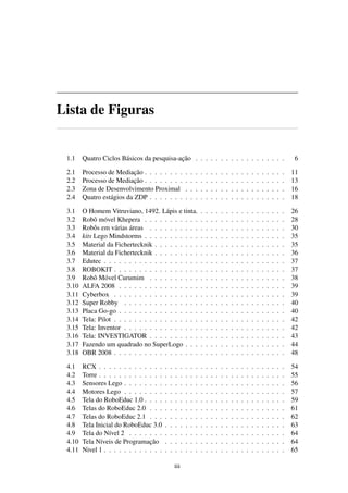 Lista de Figuras
1.1 Quatro Ciclos Básicos da pesquisa-ação . . . . . . . . . . . . . . . . . . 6
2.1 Processo de Mediação . . . . . . . . . . . . . . . . . . . . . . . . . . . . 11
2.2 Processo de Mediação . . . . . . . . . . . . . . . . . . . . . . . . . . . . 13
2.3 Zona de Desenvolvimento Proximal . . . . . . . . . . . . . . . . . . . . 16
2.4 Quatro estágios da ZDP . . . . . . . . . . . . . . . . . . . . . . . . . . . 18
3.1 O Homem Vitruviano, 1492. Lápis e tinta. . . . . . . . . . . . . . . . . . 26
3.2 Robô móvel Khepera . . . . . . . . . . . . . . . . . . . . . . . . . . . . 28
3.3 Robôs em várias áreas . . . . . . . . . . . . . . . . . . . . . . . . . . . 30
3.4 kits Lego Mindstorms . . . . . . . . . . . . . . . . . . . . . . . . . . . . 35
3.5 Material da Fichertecknik . . . . . . . . . . . . . . . . . . . . . . . . . . 35
3.6 Material da Fichertecknik . . . . . . . . . . . . . . . . . . . . . . . . . . 36
3.7 Edutec . . . . . . . . . . . . . . . . . . . . . . . . . . . . . . . . . . . . 37
3.8 ROBOKIT . . . . . . . . . . . . . . . . . . . . . . . . . . . . . . . . . . 37
3.9 Robô Móvel Curumim . . . . . . . . . . . . . . . . . . . . . . . . . . . 38
3.10 ALFA 2008 . . . . . . . . . . . . . . . . . . . . . . . . . . . . . . . . . 39
3.11 Cyberbox . . . . . . . . . . . . . . . . . . . . . . . . . . . . . . . . . . 39
3.12 Super Robby . . . . . . . . . . . . . . . . . . . . . . . . . . . . . . . . 40
3.13 Placa Go-go . . . . . . . . . . . . . . . . . . . . . . . . . . . . . . . . . 40
3.14 Tela: Pilot . . . . . . . . . . . . . . . . . . . . . . . . . . . . . . . . . . 42
3.15 Tela: Inventor . . . . . . . . . . . . . . . . . . . . . . . . . . . . . . . . 42
3.16 Tela: INVESTIGATOR . . . . . . . . . . . . . . . . . . . . . . . . . . . 43
3.17 Fazendo um quadrado no SuperLogo . . . . . . . . . . . . . . . . . . . . 44
3.18 OBR 2008 . . . . . . . . . . . . . . . . . . . . . . . . . . . . . . . . . . 48
4.1 RCX . . . . . . . . . . . . . . . . . . . . . . . . . . . . . . . . . . . . . 54
4.2 Torre . . . . . . . . . . . . . . . . . . . . . . . . . . . . . . . . . . . . . 55
4.3 Sensores Lego . . . . . . . . . . . . . . . . . . . . . . . . . . . . . . . . 56
4.4 Motores Lego . . . . . . . . . . . . . . . . . . . . . . . . . . . . . . . . 57
4.5 Tela do RoboEduc 1.0 . . . . . . . . . . . . . . . . . . . . . . . . . . . . 59
4.6 Telas do RoboEduc 2.0 . . . . . . . . . . . . . . . . . . . . . . . . . . . 61
4.7 Telas do RoboEduc 2.1 . . . . . . . . . . . . . . . . . . . . . . . . . . . 62
4.8 Tela Inicial do RoboEduc 3.0 . . . . . . . . . . . . . . . . . . . . . . . . 63
4.9 Tela do Nível 2 . . . . . . . . . . . . . . . . . . . . . . . . . . . . . . . 64
4.10 Tela Níveis de Programação . . . . . . . . . . . . . . . . . . . . . . . . 64
4.11 Nivel 1 . . . . . . . . . . . . . . . . . . . . . . . . . . . . . . . . . . . . 65
iii
 