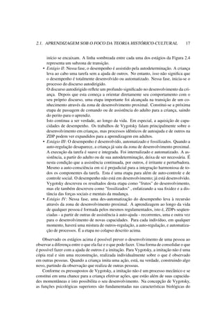 2.1. APRENDIZAGEM SOB O FOCO DA TEORIA HISTÓRICO-CULTURAL 17
início se encaixam. A linha sombreada entre cada uma dos estágios da Figura 2.4
representa um subzona de transição.
• Estágio II: Nessa fase, o desempenho é assistido pela autodeterminação. A criança
leva ao cabo uma tarefa sem a ajuda de outros. No entanto, isso não signiﬁca que
o desempenho é totalmente desenvolvido ou automatizado. Nessa fase, inicia-se o
processo do discurso autodirigido.
O discurso autodirigido reﬂete um profundo signiﬁcado no desenvolvimento da cri-
ança. Depois que esta começa a orientar diretamente seu comportamento com o
seu próprio discurso, uma etapa importante foi alcançada na transição de um co-
nhecimento através da zona de desenvolvimento proximal. Constitui-se a próxima
etapa de passagem de comando ou de assistência do adulto para a criança, saindo
do perito para o aprendiz.
Isto continua a ser verdade, ao longo da vida. Em especial, a aquisição de capa-
cidades de desempenho. Os trabalhos de Vygotsky falam principalmente sobre o
desenvolvimento em crianças, mas processos idênticos de autoajuda e de outros na
ZDP podem ver expandidos para a aprendizagem em adultos.
• Estágio III: O desempenho é desenvolvido, automatizado e fossilizados. Quando a
auto-regulação desaparece, a criança já saiu da zona de desenvolvimento proximal.
A execução da tarefa é suave e integrada. Foi internalizado e automatizado. A as-
sistência, a partir do adulto ou de sua autodeterminação, deixa de ser necessária. É
nesta condição que a assistência continuada, por outros, é irritante e perturbadora.
Mesmo a auto-consciência em si é prejudicial para a integração harmoniosa de to-
dos os componentes da tarefa. Esta é uma etapa para além de auto-controle e de
controle social. O desempenho não está em desenvolvimento; já está desenvolvido.
Vygotsky descreveu os resultados desta etapa como "frutos" do desenvolvimento,
mas ele também descreveu como "fossilizados" , enfatizando a sua ﬁxidez e a dis-
tância das forças sociais e mentais da mudança.
• Estágio IV: Nessa fase, uma des-automatização do desempenho leva à recursão
através da zona de desenvolvimento proximal. A aprendizagem ao longo da vida
de qualquer pessoa é formada pelos mesmos regulamentados, isto é, ZDPs seqüen-
ciadas - a partir de outras de assistência à auto-ajuda - recorrentes, uma e outra vez
para o desenvolvimento de novas capacidades. Para cada indivíduo, em qualquer
momento, haverá uma mistura de outros-regulação, a auto-regulação, e automatiza-
ção de processos. É a etapa no colapso descrito acima.
Observado os estágios acima é possível prever o desenvolvimento de uma pessoa ao
observar a diferença entre o que ela faz e o que pode fazer. Uma forma de consolidar o que
é possível fazer com a ajuda de outros é a imitação. Para Vygotsky, a imitação não é uma
cópia real e sim uma reconstrução, realizada individualmente sobre o que é observado
em outras pessoas. Quando a criança imita uma ação, está, na verdade, construindo algo
novo, partindo da observação que realiza de outras pessoas.
Conforme os pressupostos de Vygotsky, a imitação não é um processo mecânico e se
constitui em uma chance para a criança efetivar ações, que estão além de suas capacida-
des momentâneas e isto possibilita o seu desenvolvimento. Na concepção de Vygotsky,
as funções psicológicas superiores são fundamentadas nas características biológicas do
 