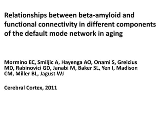 Relationships between beta-amyloid and
functional connectivity in different components
of the default mode network in aging


Mormino EC, Smiljic A, Hayenga AO, Onami S, Greicius
MD, Rabinovici GD, Janabi M, Baker SL, Yen I, Madison
CM, Miller BL, Jagust WJ

Cerebral Cortex, 2011
 