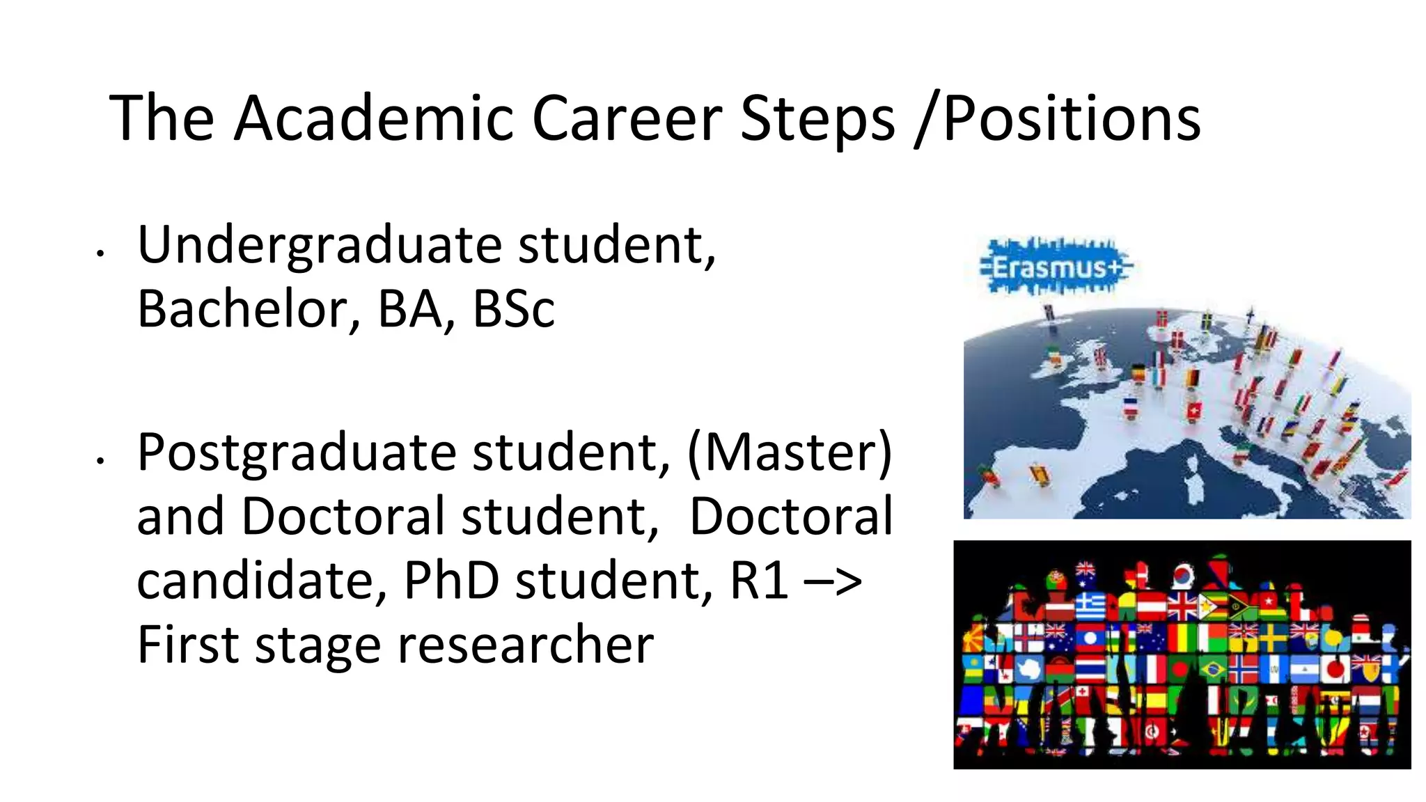 The Academic Career Steps /Positions
• Undergraduate student,
Bachelor, BA, BSc
• Postgraduate student, (Master)
and Doctoral student, Doctoral
candidate, PhD student, R1 –>
First stage researcher
 