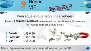 Bónus
VIP
Para aqueles que são VIP’s e velozes!
42
9
Receba RESIDUAIS MENSAIS de todos os pacotes Booster, Premium e
VIP n...