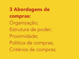 3 Abordagens de 
compras: 
Organização; 
Estrutura de poder; 
Proximidade; 
Política de compras; 
Critérios de compras; 
 