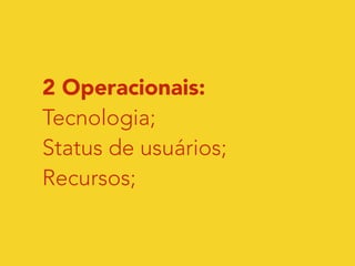 2 Operacionais: 
Tecnologia; 
Status de usuários; 
Recursos; 
 