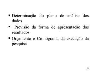 Determinação do plano de análise dos dados Previsão da forma de apresentação dos resultados Orçamento e Cronograma da execução da pesquisa 
