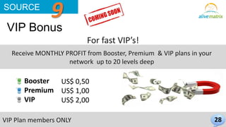 VIP Bonus 
For fast VIP’s! 
28 
SOURCE 9 
Receive MONTHLY PROFIT from Booster, Premium & VIP plans in your 
network up to 20 levels deep 
Booster 
Premium 
VIP 
US$ 0,50 
US$ 1,00 
US$ 2,00 
VIP Plan members ONLY 
 