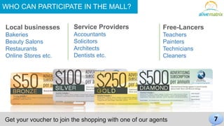 WHO CAN PARTICIPATE IN THE MALL? 
Free-Lancers 
Teachers 
Painters 
Technicians 
Cleaners 
Service Providers 
Accountants 
Solicitors 
Architects 
Dentists etc. 
Local businesses 
Bakeries 
Beauty Salons 
Restaurants 
Online Stores etc. 
Get your voucher to join the shopping with one of our agents 7 
 