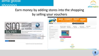 8 
alma global 
shopping 
Earn money by adding stores into the shopping 
by selling your vouchers 
 