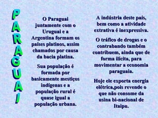 O Paraguai           A indústria deste país,
 juntamente com o         bem como a atividade
     Uruguai e a         extrativa é inexpressiva.
Argentina formam os       O tráfico de drogas e o
países platinos, assim     contrabando também
chamados por causa       contribuem, ainda que de
  da bacia platina.          forma ilícita, para
  Sua população é         movimentar a economia
    formada por                 paraguaia.
basicamente mestiços     Hoje ele exporta energia
    indígenas e a         elétrica,pois revende o
 população rural é         que não consome da
    quase igual a          usina bi-nacional de
 população urbana.                 Itaipu.
 