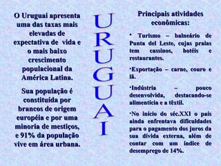 O Uruguai apresenta        Principais atividades
 uma das taxas mais            econômicas:
    elevadas de         • Turismo – balneário de
expectativa de vida e   Punta del Leste, cujas praias
    o mais baixo        tem    cassinos,   hotéis   e
    crescimento         restaurantes.
  populacional da       •Exportação – carne, couro e
  América Latina.       lã.
                        •Indústria        –      pouco
  Sua população é
                        desenvolvida,     destacando-se
   constituída por      alimentícia e a têxtil.
 brancos de origem
                        •No início do séc.XXI o país
 européia e por uma     ainda enfrentava dificuldades
minoria de mestiços,    para o pagamento dos juros da
e 91% da população      sua dívida externa, além de
vive em área urbana.    contar com um índice de
                        desemprego de 14%.
 