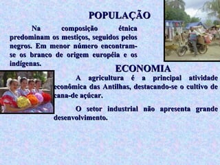 POPULAÇÃO
       Na      composição       étnica
predominam os mestiços, seguidos pelos
negros. Em menor número encontram-
se os branco de origem européia e os
indígenas.
                               ECONOMIA
                   A agricultura é a principal atividade
             econômica das Antilhas, destacando-se o cultivo de
             cana-de açúcar.
                   O setor industrial não apresenta grande
             desenvolvimento.
 