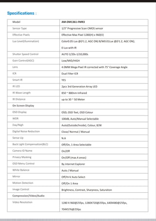Specifications :
Model

AM-DM1361-FMR3

Sensor Type

1/3" Progressive Scan CMOS sensor

Effective Pixels

Effective Max Pixel 1280(H) x 960(V)

Lux Level(illumination)

Color0.05 Lux @(F1.2, AGC ON) B/W0.01Lux @(F1.2, AGC ON);
0 Lux with IR

Shutter Speed Control

AUTO 1/20s-1/10,000s

Gain Control(AGC)

Low/MID/HIGH

Lens

4.0MM Mega Pixel IR corrected with 75° Coverage Angle

ICR

Dual Filter ICR

Smart IR

YES

IR LED

2pcs 3rd Generation Array LED

IR Wave Length

850 ~ 880nm Infrared

IR Distance

up to 30 ~ 50 Meter

On Screen Display
OSD Display

OSD, OSD Text, OSD Colour

WDR

100dB, Auto/Manual Selectable

Day/Nigh

Auto(Outside/Inside), Colour, B/W

Digital Noise Reduction

Close/ Normal / Manual

Sense Up

N.A

Back Light Compensation(BLC)

Off/On, 1 Area Selectable

Camera ID Name

On/Off

Privacy Masking

On/Off (max.4 areas)

OSD Menu Control

By Internet Explorer

White Balance

Auto / Manual

Mirror

Off/H+V Auto Select

Motion Detection

Off/On 1 Area

Image Control

Brightness, Contrast, Sharpness, Saturation

Compression/Video/Audio
Video Resolution

1280 X 960@25fps, 1280X720@25fps, 640X480@25fps,
704X576@25fps

 