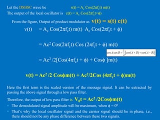 Let the DSBSC wave be s(t) = Ac Cos(2πfct) m(t)
The output of the local oscillator is c(t) = Ac Cos(2πfct+ϕ)
From the figure, Output of product modulator as v(t) = s(t) c(t)
v(t) = Ac Cos(2πfct) m(t) Ac Cos(2πfct + ϕ)
= Ac2 Cos(2πfct) Cos (2πfct + ϕ) m(t)
= Ac2 /2[Cos(4πfct + ϕ) + Cosϕ ]m(t)
v(t) = Ac2 /2 Cosϕm(t) + Ac2/2Cos (4πfct + ϕ)m(t)
Here the first term is the scaled version of the message signal. It can be extracted by
passing the above signal through a low pass filter.
Therefore, the output of low pass filter is V0t = Ac2 /2Cosϕm(t)
 The demodulated signal amplitude will be maximum, when ϕ = 00
 That’s why the local oscillator signal and the carrier signal should be in phase, i.e.,
there should not be any phase difference between these two signals.
 