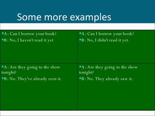 Some more examples A: Are they going to the show tonight?  B: No. They already saw it. A: Are they going to the show tonight?  B: No. They've already seen it. A: Can I borrow your book?  B: No, I didn't read it yet.  A: Can I borrow your book?  B: No, I haven't read it yet 