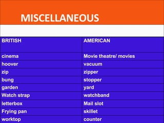 MISCELLANEOUS counter worktop skillet Frying pan Mail slot letterbox watchband Watch strap yard garden stopper bung zipper zip vacuum hoover Movie theatre/ movies cinema AMERICAN BRITISH 