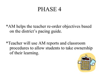 PHASE 4 *AM helps the teacher re-order objectives based on the district’s pacing guide. *Teacher will use AM reports and classroom procedures to allow students to take ownership of their learning. 
