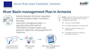 Sevan River basin Factsheet - Armenia
EUWI+ supports Armenian water Institutions
to elaborate and update their river basin
management plans with
 Latest EU methodologies
 Accredited equipment for laboratories
 Capacity building of experts and
stakeholders
 Knowledge transfer and regional
exchange of practices.
River Basin management Plan in Armenia
Characterisation
of the River basin
River Basin Management
Plan (RBMP)
WFD working
method
balance between Armenian regulation
and the European Water Framework
Directive,
river basin management plan = a
operative document with all
information on water, water uses,
pollution, objectives and programme of
measures
 