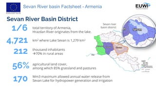 Sevan River basin Factsheet - Armenia
Sevan River Basin District
1/6
4,721 km2 where Lake Sevan is 1,279 km2
212 thousand inhabitants
70% in rural areas
56%
Sevan river
basin district
Armeni
a© 2018, EUWI+
total territory of Armenia,
Hrazdan River originates from the lake.
agricultural land cover,
among which 85% grassland and pastures
170 Mm3 maximum allowed annual water release from
Sevan Lake for hydropower generation and irrigation
 