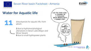 Sevan River basin Factsheet - Armenia
© Méli Mélo – http://www.eaumelimelo.org
All rights reserved
Water for Aquatic life
disturbances for aquatic life, from
which:
2 due to hydromorphological
alterations in Sevan Lake (Major and
Minor Sevan)
9 due to small hydropower plants
11
 