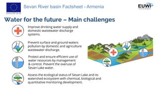Sevan River basin Factsheet - Armenia
Water for the future – Main challenges
Improve drinking water supply and
domestic wastewater discharge
systems.
Assess the ecological status of Sevan Lake and its
watershed ecosystem with chemical, biological and
quantitative monitoring development.
Prevent surface and ground waters
pollution by domestic and agriculture
wastewater discharge.
Protect and ensure efficient use of
water resources by management
& control. Prevent the overuse of
Sevan Lake water.
 