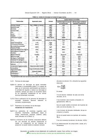 Documento con posibles errores digitalizado de la publicación original. Favor verificar con imagen.
No imprima este documento a menos que sea absolutamente necesario.
Edición Especial N° 270 - Registro Oficial - Viernes 13 de febrero de 2015 - 101
5.2.6 Permisos de descargas
5.2.6.1 El permiso de descargas de aguas residuales
industriales al alcantarillado público y a cuerpos de
agua, es el instrumento administrativo que faculta a
la actividad del regulado a realizar sus descargas al
ambiente, siempre que éstas se encuentren dentro
de los parámetros establecidos en las normas
técnicas ambientales nacionales.
5.2.6.2 Para la aplicación de los permisos de descargas la
Autoridad Ambiental Nacional elaborará la
normativa complementaria.
5.2.7 Parámetros de monitoreo de las descargas
industriales de importancia
5.2.7.1 Los parámetros de monitoreo sugeridos para
industrias importantes, identificados según el
Código Internacional Industrial Uniforme (CIIU)
están indicados en la TABLA 12.
5.2.7.2 La formación de las muestras compuestas deberán
ser con alícuotas de volumen proporcional al
caudal. La composición de las muestras en
proporción al caudal medido se realizará tomando
En donde:
Vi es el volumen individual de cada una de las
alícuotas, en mi.
V es el volumen de la muestra compuesta, mi
(generalmente 3500 mi)
Qi es el caudal medido al momento del muestreo de
cada una de las alícuotas, 1/s.
n es el número de alícuotas individuales de que se
compone la muestra.
Qm es el caudal medio en el período de muestreo,
1/s, y
X es una constante de volumen de alícuota, ml/(l/s)
5.2.7.3 Las determinaciones de campo serán: caudal, pH y
temperatura.
alícuotas de volumen (Vi), utilizando las siguientes
relaciones:
 