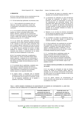 Documento con posibles errores digitalizado de la publicación original. Favor verificar con imagen.
No imprima este documento a menos que sea absolutamente necesario.
Edición Especial N° 270 - Registro Oficial - Viernes 13 de febrero de 2015 - 127
4. REQUISITOS
4.1 De los límites permitidos de las concentraciones de las
emisiones al aire para fuentes fijas de combustión.
• 4.1.1 De las fuentes fijas significativas de emisiones al aire:
4.1.1.1 Para la aplicación de la presente norma, se
diferencian fuentes fijas significativas y fuentes fijas
no significativas, de emisiones al aire por proceso de
combustión.
4.1.1.2 Se consideran fuentes fijas significativas a todas
aquellas que utilizan combustibles fósiles sólidos,
líquidos, gaseosos, cualquiera de sus combinaciones,
biomasa; y cuya potencia calorífica (heat imput) sea igual
o mayor a 3 MW o diez millones de unidades térmicas
británicas por hora (10 x 10 □ D BTU/h).
4.'1.1.3 Las fuentes fijas significativas deberán demostrar
cumplimiento de los límites máximos permitidos de emisión
al aire, indicados en esta norma, según corresponda. Para
ello se deberán efectuar mediciones de la tasa de emisión
de contaminantes. Si las concentraciones fuesen superiores
a los valores máximos permitidos de emisión, se deben
establecer los métodos o instalar los equipos de control
necesarios para alcanzar el cumplimiento con los valores
máximos de emisión establecidos en esta norma.
4.1.1.4 Se consideran fuentes fijas no significativas a
todas aquellas que. utilizan combustibles fósiles sólidos,
líquidos, gaseosos, o cualquiera de sus combinaciones, y
cuya potencia calorífica (heat imput) sea menor a 3 MW o
diez millones de unidades térmicas británicas por hora (10
x 10 DD BTU/h).
4.1.1.5 Las fuentes fijas no significativas, aceptadas como
tal por parte de la Autoridad Ambiental de Control no
están obligadas a efectuar mediciones de sus emisiones,
y deben demostrar el cumplimiento de la normativa,
mediante alguna de las siguientes alternativas:
a) El registro interno, y disponible ante la Autoridad
Ambiental de Control, del cumplimiento de las prácticas
de mantenimiento de los equipos de combustión, acorde
con los programas establecidos por el operador o
propietario de la fuente, o recomendado
por el fabricante del equipo de combustión, según lo
aprobado por la Autoridad Ambiental de Control.
b) La presentación de certificados por parte del fabricante
del equipo de combustión, en relación a la tasa
esperada de emisión de contaminantes, en función de
las características del combustible utilizado. Estos
certificados serán válidos para el período de vida útil, en
función de la garantía del fabricante. Alternativamente
se puede presentar un estudio específico que debe ser
aprobado por la Autoridad Ambiental de Control, en
reemplazo del certificado.
c) Mediante el uso de altura de chimenea recomendada
por las prácticas de ingeniería y otros que se establezcan
por la Autoridad Ambiental de Control.
d) Los resultados de análisis de características físicas y
químicas del combustible utilizado, en particular del
contenido de azufre y nitrógeno en el mismo.
4.1.1.6 Para la verificación de cumplimiento de una fuente
fija no significativa con alguno de los métodos descritos,
el operador o propietario de la fuente debe mantener los
registros, resultados de análisis o certificados, va fin de
reportar con una frecuencia de una vez por año, o cuando
la Autoridad Ambiental de Control lo requiera.
4.1.1.7 Las fuentes fijas no significativas podrán ser
requeridas por parte de la Autoridad Ambiental de
Control, de efectuar evaluaciones adicionales de sus
emisiones, en caso de que sus emisiones comprometan
las concentraciones máximas permitidas a nivel del suelo,
de los contaminantes en el aire ambiente, según lo que
establece la NCAA.
4.1.2 Valores máximos permisibles de concentraciones
de emisión
4.1.2.1 Los gases de combustión de todas las fuentes,
incluidas las fuentes de combustión abierta, deben ser
evacuados por una chimenea correctamente dimensionada,
que debe cumplir con los requisitos indicados en esta norma
para el monitoreo de emisiones.
4.1.2.2 Los valores máximos de concentraciones de
emisión permitidos para fuentes fijas de combustión abierta,
se establecen en la Tabla 1.
TABLA 1: LÍMITES MÁXIMOS PERMISIBLES DE CONCENTRACIÓN DE EMISIÓN DE CONTAMINANTES AL AIRE PARA
FUENTES FIJAS DE COMBUSTIÓN DE COMBUSTIÓN ABIERTA (mg/Nm3)
Fuente fija existente: con Fuente fija nueva: con
autorización de entrar en autorización de entrar en
Contaminante Combustible funcionamiento antesde la fecha funcionamiento a partir fecha
de publicación de la reforma de publicación de la reforma de la
la norma norma
Sólido sin contenido de
azufre
200 100
 
