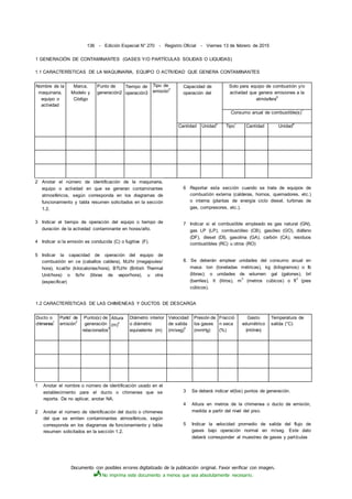 Documento con posibles errores digitalizado de la publicación original. Favor verificar con imagen.
No imprima este documento a menos que sea absolutamente necesario.
136 - Edición Especial N° 270 - Registro Oficial - Viernes 13 de febrero de 2015
1 GENERACIÓN DE CONTAMINANTES (GASES Y/O PARTÍCULAS SOLIDAS O LIQUIDAS)
1.1 CARACTERÍSTICAS DE LA MAQUINARIA, EQUIPO O ACTIVIDAD QUE GENERA CONTAMINANTES
Nombre de la
maquinaria,
equipo o
actividad
Marca,
Modelo y
Código
Punto de
generación2
Tiempo de
operación3
Tipo de
emisión
4
Capacidad de
operación del
Solo para equipo de combustión y/o
actividad que genera emisiones a la
atmósfera
6
Consumo anual de combustible(s)
7
Cantidad Unidad
5
Tipo
7
Cantidad Unidad
8
2 Anotar el número de identificación de la maquinaria,
equipo o actividad en que se generan contaminantes
atmosféricos, según corresponda en los diagramas de
funcionamiento y tabla resumen solicitados en la sección
1.2.
3 Indicar el tiempo de operación del equipo o tiempo de
duración de la actividad contaminante en horas/año.
4 Indicar si la emisión es conducida (C) o fugitiva (F).
5 Indicar la capacidad de operación del equipo de
combustión en ce (caballos caldera), MJ/hr (megajoules/
hora), kcal/br (kilocalorías/hora), BTU/hr (British Thermal
Unit/hora) o lb/hr (libras de vapor/hora), u otra
(especificar)
6 Reportar esta sección cuando se trate de equipos de
combustión externa (calderas, hornos, quemadores, etc.)
o interna (plantas de energía ciclo diesel, turbinas de
gas, compresores, etc.).
7 Indicar si el combustible empleado es gas natural (GN),
gas LP (LP), combustóleo (CB), gasóleo (GO), diáfano
(DF), diesel (DI), gasolina (GA), carbón (CA), residuos
combustibles (RC) u otros (RO)
8. Se deberán emplear unidades del consumo anual en
masa: ton (toneladas métricas), kg (kilogramos) o Ib
(libras); o unidades de volumen: gal (galones), brl
(barriles), lt (litros), m
3
(metros cúbicos) o ft
3
(pies
cúbicos).
1.2 CARACTERÍSTICAS DE LAS CHIMENEAS Y DUCTOS DE DESCARGA
Ducto o
chimenea
1
Punto' de
emisión
2
Punto(s) de
generación
relacionados
3
Altura
(m)
4
Diámetro interior
o diámetro
equivalente (m)
Velocidad
de salida
(m/seg)
5
Presión de
los gases
(mmHg)
Fracció
n seca
(%)
Gasto
volumétrico
(mVmin)
Temperatura de
salida (°C)
1 Anotar el nombre o número de identificación usado en el
establecimiento para el ducto o chimenea que se
reporta. De no aplicar, anotar NA.
2 Anotar el número de identificación del ducto o chimenea
del que se emiten contaminantes atmosféricos, según
corresponda en los diagramas de funcionamiento y tabla
resumen solicitados en la sección 1.2.
3 Se deberá indicar el(los) puntos de generación.
4 Altura en metros de la chimenea o ducto de emisión,
medida a partir del nivel del piso.
5 Indicar la velocidad promedio de salida del flujo de
gases bajo operación normal en m/seg. Este dato
deberá corresponder al muestreo de gases y partículas
 