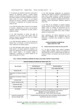 Documento con posibles errores digitalizado de la publicación original. Favor verificar con imagen.
No imprima este documento a menos que sea absolutamente necesario.
Edición Especial N° 270 - Registro Oficial - Viernes 13 de febrero de 2015 - 141
f) En proyectos que involucren la ubicación, construcción y
operación de aeródromos públicos o privados deberán
ajustarse a la Norma de Ruido de Aeropuertos, el promotor
del proyecto proveerá a la Entidad Ambiental de Control el
debido estudio de impacto ambiental, el cual requerirá
demostrar las técnicas u operativas a implementarse a fin
de alcanzar el cumplimiento con la presente norma para
niveles de ruido.
g) Los GAD Municipales deben controlar el uso de alarmas
en vehículos y edificaciones, así como el uso de bocinas,
campanas, sistemas de amplificación de sonido, sirenas o
artefactos similares.
h) Los GAD Municipales en función del grado de
cumplimiento de esta norma podrá señalar zonas de
restricción temporal o permanente de ruido, con el objetivo
de mejorar la calidad ambiental
i) Los GAD Municipales regularán el uso de sistemas de
altavoces fijos o en vehículos, con fines de promocionar la
venta o adquisición de cualquier producto.
j) Los GAD Municipales podrán autorizar, por razones de
interés general o de especial significación ciudadana o con
motivo de la organización de actos con especial proyección
oficial, cultural, religiosa o de naturaleza análoga, la
modificación o suspensión con carácter temporal de los
niveles establecidos en la Tabla 1.
k) Los GAD Municipales establecerán los mecanismos
necesarios para regular la instalación y funcionamiento de
circos, ferias y juegos mecánicos o cualquier otro tipo de
FFR que pudiese ser considerada como de "permanencia
temporal" en sitios colindantes a establecimientos de salud,
guarderías, centros educacionales, bibliotecas, lugares de
culto o PCA.
1) Las FFR de uso emergente no requieren presentar
informes periódicos de auto monitoreo de ruido, no obstante
deberán contar con medidas de insonorización que les
permita cumplir con los niveles máximos de emisión de
ruido establecidos en la presente norma y llevar un registro
periódico de mantenimiento.
m)Los Laboratorios que realicen evaluaciones de ruido
deben estar acreditados ante el Organismo Oficial de
Acreditación y desarrollar estas actividades con personal
competente.
4 NIVELES MAXÍMOS DE EMISIÓN DE
RUIDO PARA FFR Y FMR
4.1 Niveles máximos de emisión de ruido para FFR
4.1.1 El nivel de presión sonora continua equivalente
corregido, LKeq en decibeles, obtenido de la evaluación de
ruido emitido por una FFR, no podrá exceder los niveles que
se fijan en la Tabla 1, de acuerdo al uso del suelo en que se
encuentre.
Tabla 1: NIVELES MÁXIMOS DE EMISIÓN DE RUIDO (LKeq) PARA FUENTES FIJAS DE RUIDO
NIVELES MÁXIMOS DE EMISIÓN DE RUIDO PARA FFR
LKeq (dB)
Uso de suelo Periodo Diurno Periodo Nocturno
07:01 hasta 21:00 horas 21:01 hasta 07:00 horas
Residencial (Rl) 55 45
Equipamiento de Servicios Sociales
(EQ1)
55 45
Equipamiento de Servicios Públicos
(EQ2)
60 50
Comercial (CM) 60 50
Agrícola Residencial (AR) 65 45
Industrial (ID 1/ID2) . 65 55
Industrial (ID3/ID4) 70 65
Uso Múltiple Cuando existan usos de suelo múltiple o combinados se utilizará el LKeq más bajo de
cualquiera de los usos de suelo que componen la combinación.
Ejemplo: Uso de suelo: Residencial + ID2
LKeq para este caso = Diurno 55 dB y Nocturno 45dB.
Protección Ecológica (PE)
Recursos Naturales (RN)
La determinación del LKeq para estos casos se lo llevara a cabo de acuerdo al
procedimiento descrito en el Anexo 4.
 