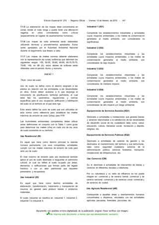 Documento con posibles errores digitalizado de la publicación original. Favor verificar con imagen.
No imprima este documento a menos que sea absolutamente necesario.
Edición Especial N° 270 - Registro Oficial - Viernes 13 de febrero de 2015 - 147
7.1.5 La elaboración de los mapas debe concentrarse en
zonas donde el ruido tenga o pueda tener una afectación
negativa en sitios considerados como críticos
(especialmente en lugares de asentamientos humanos).
7.1.6 Los mapas de ruido ambiental serán elaborados
utilizando técnicas y procedimientos apropiados. Estos
serán aprobados por el Autoridad Ambiental Nacional
durante el seguimiento que llevara a cabo.
7.1.7 Los mapas de niveles sonoros deberán elaborarse
con la representación de curvas isofónicas que delimiten los
siguientes rangos: <50, 50-55, 55-60, 60-65, 65-70,70-75,
75-80, >80, en dB (A); estos valores de isófonas serán
obtenidos para el periodo diurno y nocturno.
ANEXO 1
Título: Usos del suelo
Uso de suelo se define como el destino asignado a los
predios en relación con las actividades a ser desarrolladas
en ellos. Estos deben acatarse a lo que disponga el
instrumento de planificación territorial pertinente, el cual
debe fijar los parámetros, regulaciones y normas
específicas para el uso, ocupación, edificación y habilitación
del suelo en el territorio en el que este rige.
Este anexo define los usos de suelo que son utilizados en
esta norma como referencia para establecer los niveles
máximos de emisión de ruido (LKeq) para FFR.
Las Autoridades ambientales competentes deben utilizar
estas definiciones en conjunto con la Tabla 1 como guías
para determinar los niveles LKeq en cada uno de los usos
de suelo existentes en su territorio.
Uso Residencial (Rl)
Es aquel que tiene como destino principal la vivienda
humana permanente. Los usos compatibles, actividades
cumplir con los niveles máximos de emisión de ruido para
este uso de suelo.
El nivel máximo de emisión para uso residencial también
aplica al uso de suelo destinado a resguardar el patrimonio
cultural, el cual se refiere al suelo ocupado por áreas,
elementos o edificaciones que forman parte del legado
histórico o con un valor patrimonial que requieren
preservarse y recuperarse.
Uso Industrial (ID)
Es aquel que tiene como destino actividades de
elaboración, transformación, tratamiento y manipulación de
insumos en general para producir bienes o productos
materiales.
El suelo industrial se clasifica en: industrial 1, industrial 2,
industrial 3 e industrial 4.
Industrial 1 (ID1)
Comprende los establecimientos industriales y actividades
cuyos impactos ambientales, o los niveles de contaminación
generados al medio ambiente, son considerados no
significativos.
Industrial 2 (ID2)
Comprende los establecimientos industriales y las
actividades cuyos impactos ambientales, o los niveles de
contaminación generados al medio ambiente, son
considerados de bajo impacto.
Industrial 3 (ID3)
Comprende los establecimientos industriales y las
actividades cuyos impactos ambientales, o los niveles de
contaminación generados al medio ambiente, son
considerados de mediano impacto.
Industrial 4 (ID4)
Comprende los establecimientos industriales y las
actividades cuyos impactos ambientales, o los niveles de
contaminación generados al medio ambiente, son
consideradas de alto impacto y/o riesgo ambiental.
Equipamiento de Servicios Sociales (EQ1)
Destinado a actividades e instalaciones que generen bienes
y servicios relacionados a la satisfacción de las necesidades
de desarrollo social de los ciudadanos tales como: salud,
educación, cultura, bienestar social, recreación y deporte,
religioso, etc.
Equipamiento de Servicios Públicos (EQ2)
Destinado a actividades de carácter de gestión y los
destinados al mantenimiento del territorio y sus estructuras,
tales como: seguridad ciudadana, servicios de la
administración pública, servicios funerarios, transporte,
instalaciones de infraestructura, etc.
Uso Comercio (CM)
Es el destinado a actividades de intercambio de bienes y
servicios en diferentes escalas y coberturas.
Por su naturaleza y su radio de influencia se los puede
integrar en: comercial y de servicio barrial, comercial y de
servicio sectorial, comercial y de servicios zonal, comercial y
de servicios de ciudad.
Uso Agrícola Residencial (AR)
Corresponde a aquellas áreas y asentamientos humanos
concentrados o dispersos, vinculados con las actividades
agrícolas, pecuarias, forestales, piscícolas, etc.
 