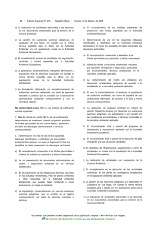 Documento con posibles errores digitalizado de la publicación original. Favor verificar con imagen.
No imprima este documento a menos que sea absolutamente necesario.
68 ~ Edición Especial N° 270 - Registro Oficial - Viernes 13 de febrero de 2015
n) La realización de actividades adicionales a las descritas
en los documentos presentados para la emisión de la
licencia ambiental;
o) La gestión de sustancias químicas peligrosas, en
cualquiera de sus fases, sin cumplir con la norma
técnica expedida para el efecto por la Autoridad
Ambiental y/o sin autorización previa de la Autoridad
Ambiental Competente;
p) El incumplimiento puntual de actividades de seguimiento,
monitoreo y control requeridas por la Autoridad
Ambiental Competente;
q) La generación, almacenamiento, transporte, eliminación y
disposición final de desechos especiales sin cumplir la
norma técnica expedida para el efecto y/o sin
autorización previa de la Autoridad Ambiental
Competente;
r) La formulación, fabricación y/o acondicionamiento de
sustancias químicas peligrosas, por parte de personas
naturales o jurídicas que no cumplan con la autorización
administrativa ambiental correspondiente y con la
normativa vigente;
No conformidad mayor (NC+).- Los criterios de calificación
son los siguientes:
1. Más del treinta por ciento (30 %) de incumplimientos
determinados en muéstreos, durante un periodo auditado,
de límites permisibles de una misma fuente y parámetro,
sin tener los descargos administrativos o técnicos
correspondientes.
2. Determinación de más de dos de los siguientes
hallazgos identificados y notificados por la Autoridad
Ambiental Competente, sin tener el Sujeto de Control los
respaldos de haber presentado los descargos pertinentes:
a) El incumplimiento consecutivo a los límites permisibles o
criterios de calidad por parámetro y fuente muestreada;
b) La no presentación de documentos administrativos de
control y seguimiento ambiental en los términos
establecidos;
c) El Incumplimiento de las obligaciones técnicas descritas
en los Estudios Ambientales, Plan de Manejo Ambiental
u otras requeridas por la Autoridad Ambiental
Competente que puedan haber producido o estén
produciendo un riesgo al ambiente;
d) La importación, comercialización y/o ,uso de sustancias
químicas peligrosas, que no consten en el registro
correspondiente, por parte de personas naturales o
jurídicas;
e) El incumplimiento de las medidas preventivas de
producción más limpia expedidas por la Autoridad
Ambiental Nacional.
3. Determinación de uno de los siguientes hallazgos
identificados y notificados por la Autoridad Ambiental
Competente sin tener los respaldos de haber presentado los
descargos pertinentes:
a) El incumplimiento consecutivo y reiterativo a los
límites permisibles por parámetro y fuente muestreada;
b) Alteración de las condiciones ambientales naturales
. que requieren remediación a largo plazo, producidas
por incumplimientos técnicos establecidos en la
normativa ambiental aplicable;
c) La contaminación del medio por productos y/o
elementos considerados peligrosos de acuerdo a lo
establecido en la normativa ambiental aplicable;
d) El uso, la comercialización, la tenencia, la importación
de productos prohibidos, así como de aquellos de uso
severamente restringido, de acuerdo a la lista y norma
técnica correspondiente;
e) La realización de cualquier actividad en materia de
gestión integral de residuos y/o desechos y/o sustancias
químicas peligrosas, sin autorización o sin cumplir con
las condiciones administrativas y técnicas contenidas en
la normativa ambiental aplicable;
f) El incumplimiento total o parcial del programa de
remediación y restauración aprobado por la Autoridad
Ambiental Competente;
g) El incumplimiento total o parcial de la ejecución del plan
emergente y/o plan de acción aprobado;
h) El abandono de infraestructura, equipamiento o cierre de
actividades sin contar con la aprobación de la Autoridad
Ambiental Competente;
i) La realización de actividades con suspensión de la
Licencia Ambiental; •
j) El incumplimiento en la ejecución de las actividades
contenidas en los planes de contingencia establecidos
en la legislación ambiental aplicable;
k) La gestión de los desechos peligrosos y/o especiales en
cualquiera de sus fases, sin cumplir la norma técnica
expedida para el efecto y/o sin autorización previa de la
Autoridad Ambiental Competente;
1) La realización de actividades adicionales a las descritas
en los documentos presentados para la emisión de la
licencia ambiental;
 