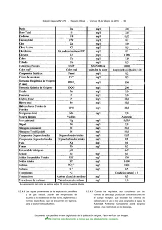 Documento con posibles errores digitalizado de la publicación original. Favor verificar con imagen.
No imprima este documento a menos que sea absolutamente necesario.
Edición Especial N° 270 - Registro Oficial - Viernes 13 de febrero de 2015 - 99
La apreciación del color se estima sobre 10 cm de muestra diluida
5.2.4.8 Las aguas provenientes de la explotación petrolífera
y de gas natural, podrán ser reinyectadas de
acuerdo a lo establecido en las leyes, reglamentos y
normas específicas, que se encuentren en vigencia,
para el sector hidrocarburífero.
5.2.4.9 Cuando los regulados, aun cumpliendo con las
normas de descarga, produzcan concentraciones en
el cuerpo receptor, que excedan los criterios de
calidad para el uso o los usos asignados al agua, la
Autoridad Ambiental Competente podrá exigirles
valores más restrictivos en la descarga,
 