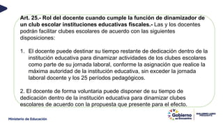 Art. 25.- Rol del docente cuando cumple la función de dinamizador de
un club escolar instituciones educativas fiscales.- Las y los docentes
podrán facilitar clubes escolares de acuerdo con las siguientes
disposiciones:
1. El docente puede destinar su tiempo restante de dedicación dentro de la
institución educativa para dinamizar actividades de los clubes escolares
como parte de su jornada laboral, conforme la asignación que realice la
máxima autoridad de la institución educativa, sin exceder la jornada
laboral docente y los 25 períodos pedagógicos.
2. El docente de forma voluntaria puede disponer de su tiempo de
dedicación dentro de la institución educativa para dinamizar clubes
escolares de acuerdo con la propuesta que presente para el efecto.
 